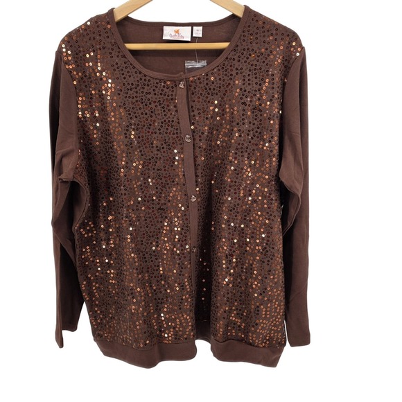 Quacker Factory Sweaters - Quacker Factory Brown Sequined 2for1 Cardigan Shell Sweater Layered Look size 1X